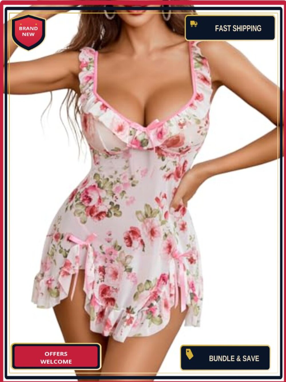 Avidlove Mesh Babydoll Lingerie Dress 2 Piece Set with Ruffle Hem